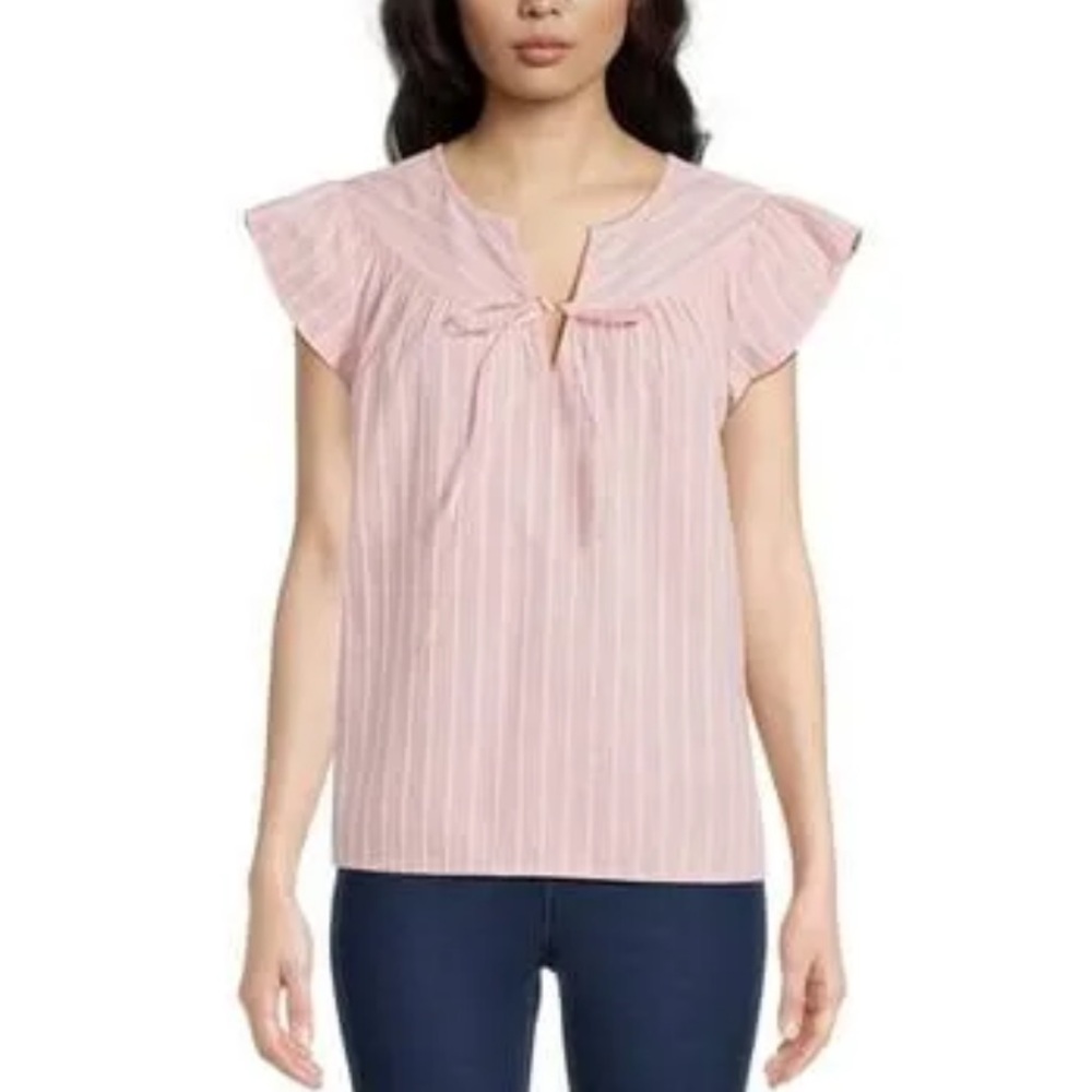 LAST CHANCE: Time and Tru Pink and White Flutter Sleeve Blouse
